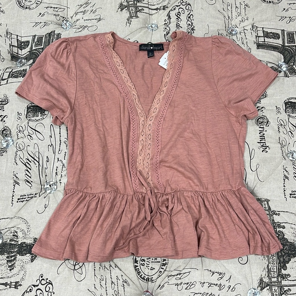 Derek Heart Knit Lace  Short Sleeve Peasant Top